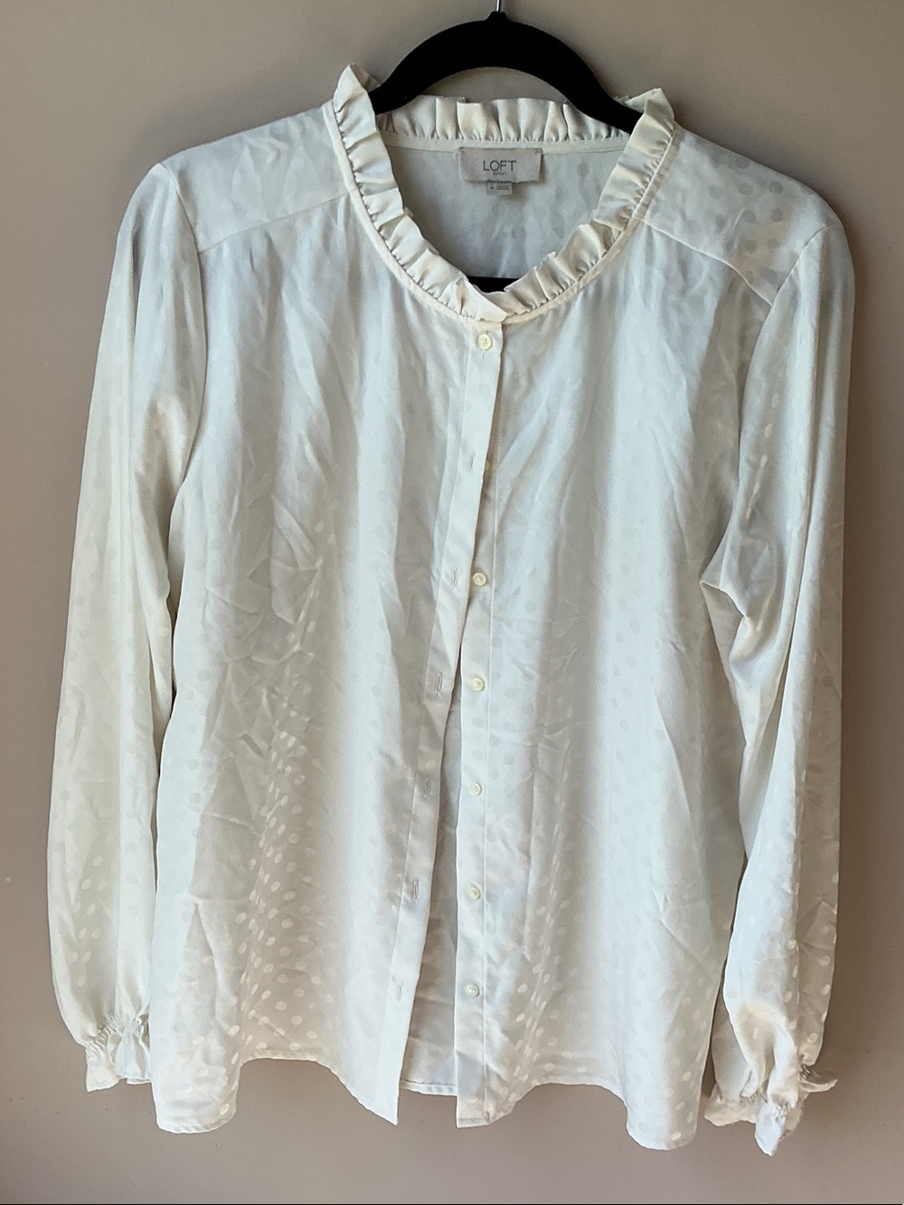 LOFT Cream Ruffle-Neck Button-Front Blouse